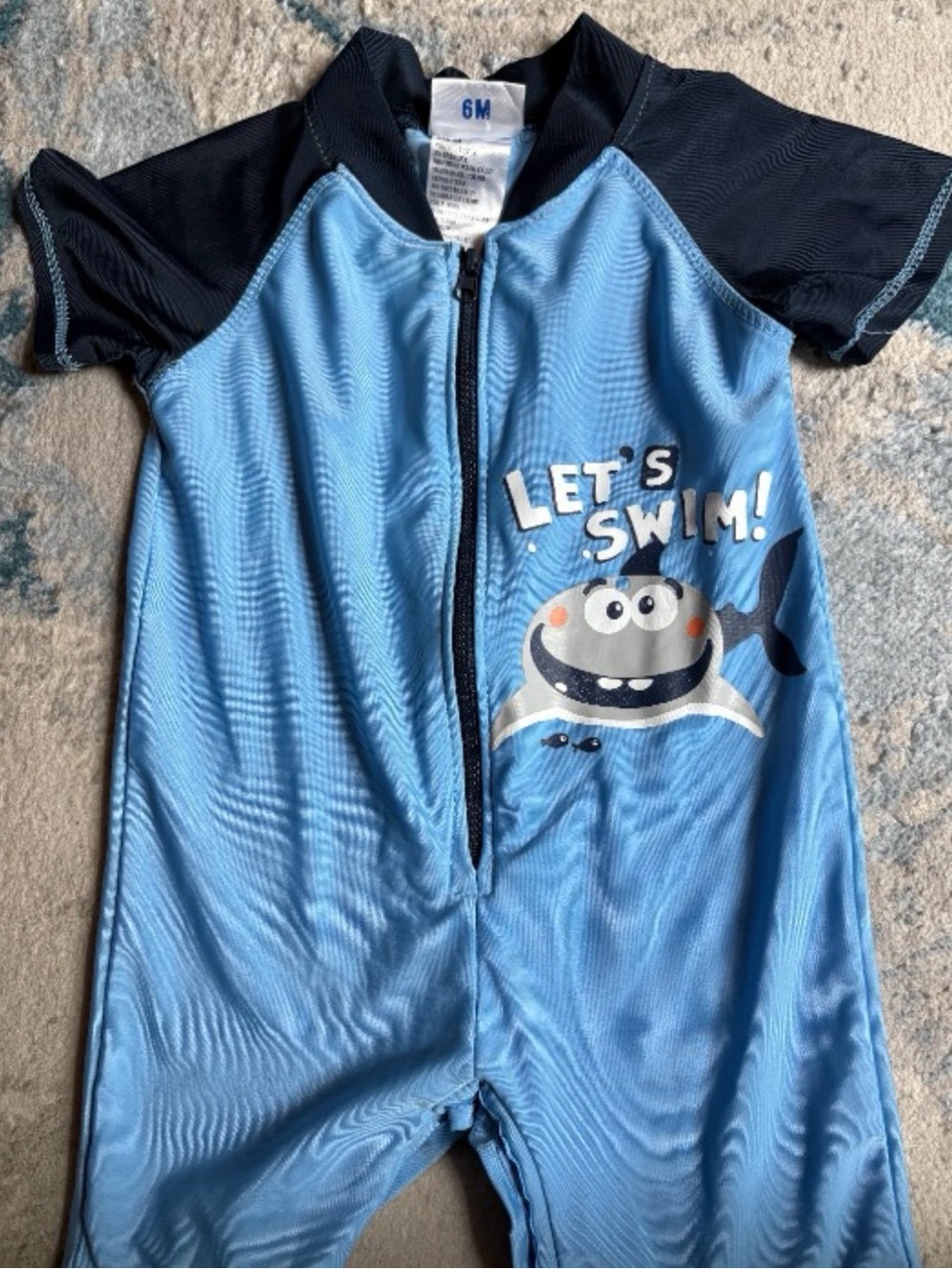Blue Kids Swim Rashguard One-Piece - "Let's Swim!" Shark Print